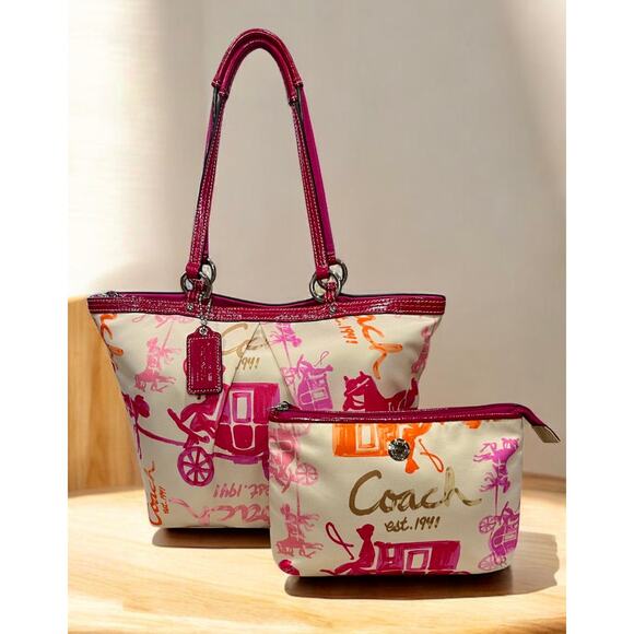 Y2K Coach F14892 Horse & Carriage Sateen Tote & Pouch - Picture 1 of 15